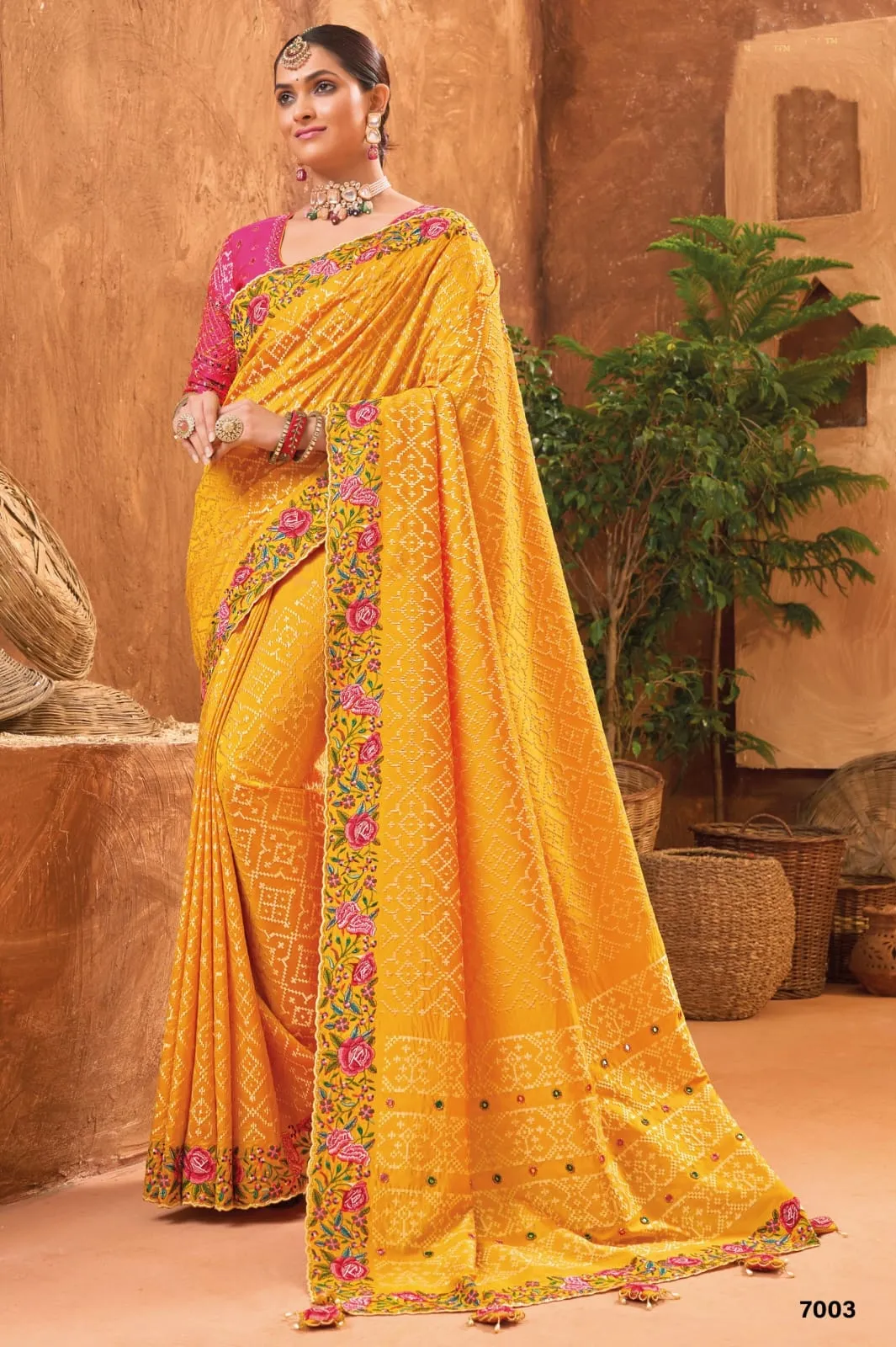 Bridal Wedding Mustard Kacchi Work Banarasi Silk Saree