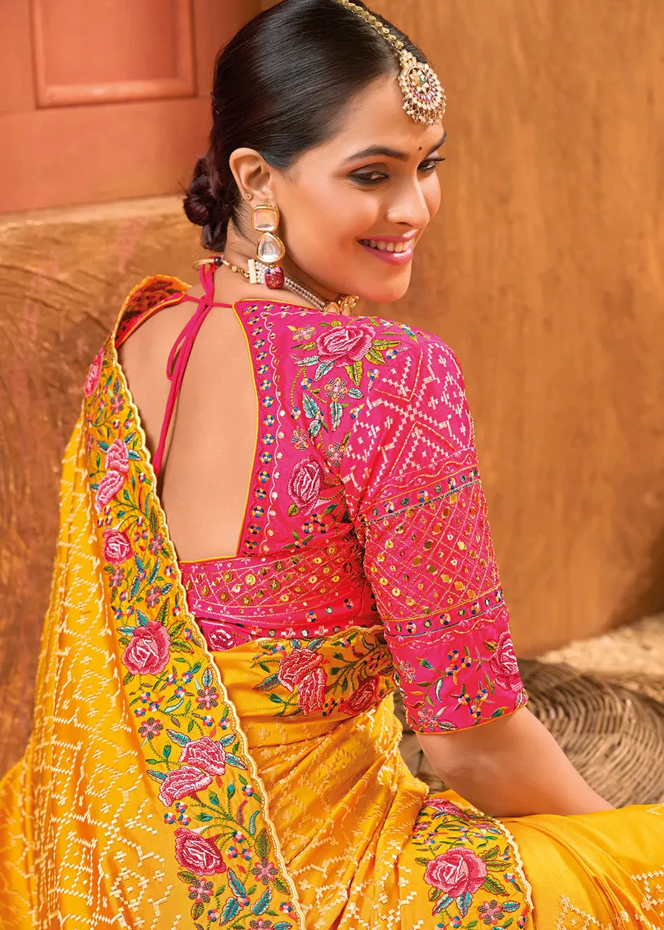 Bridal Wedding Mustard Kacchi Work Banarasi Silk Saree