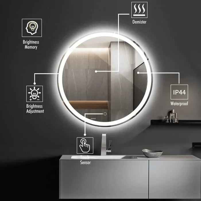 BUNGALOW MERCER Modern Mirror for Wall, Bathroom Vanity Mirror, Wall Mounted, Anti-Fog Dimmable Lights Makeup Mirror | (6000k White Led) (60cm Round)