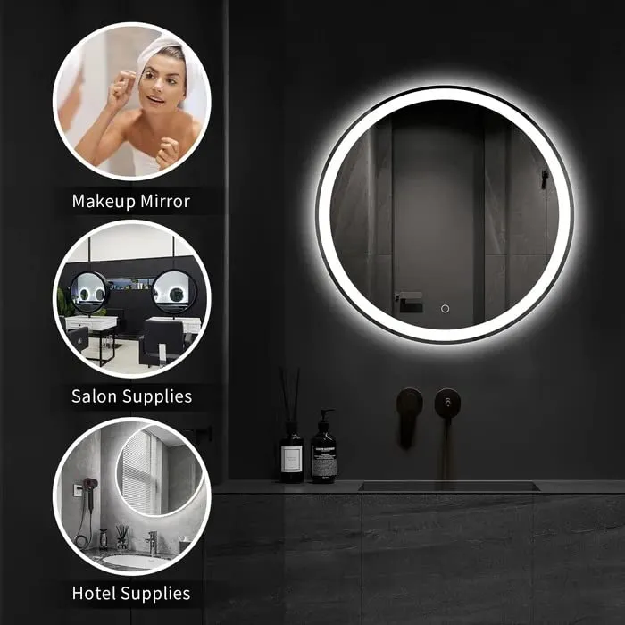 BUNGALOW MERCER Modern Mirror for Wall, Bathroom Vanity Mirror, Wall Mounted, Anti-Fog Dimmable Lights Makeup Mirror | (6000k White Led) (60cm Round)