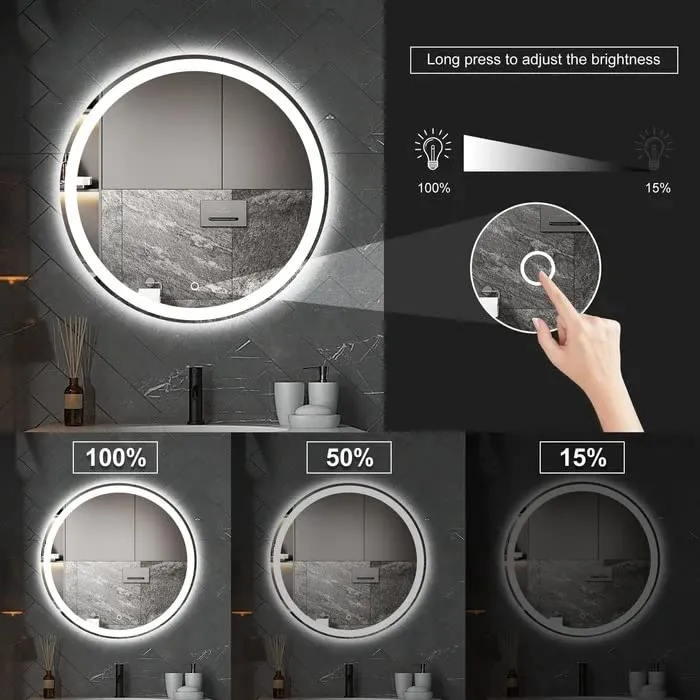 BUNGALOW MERCER Modern Mirror for Wall, Bathroom Vanity Mirror, Wall Mounted, Anti-Fog Dimmable Lights Makeup Mirror | (6000k White Led) (60cm Round)