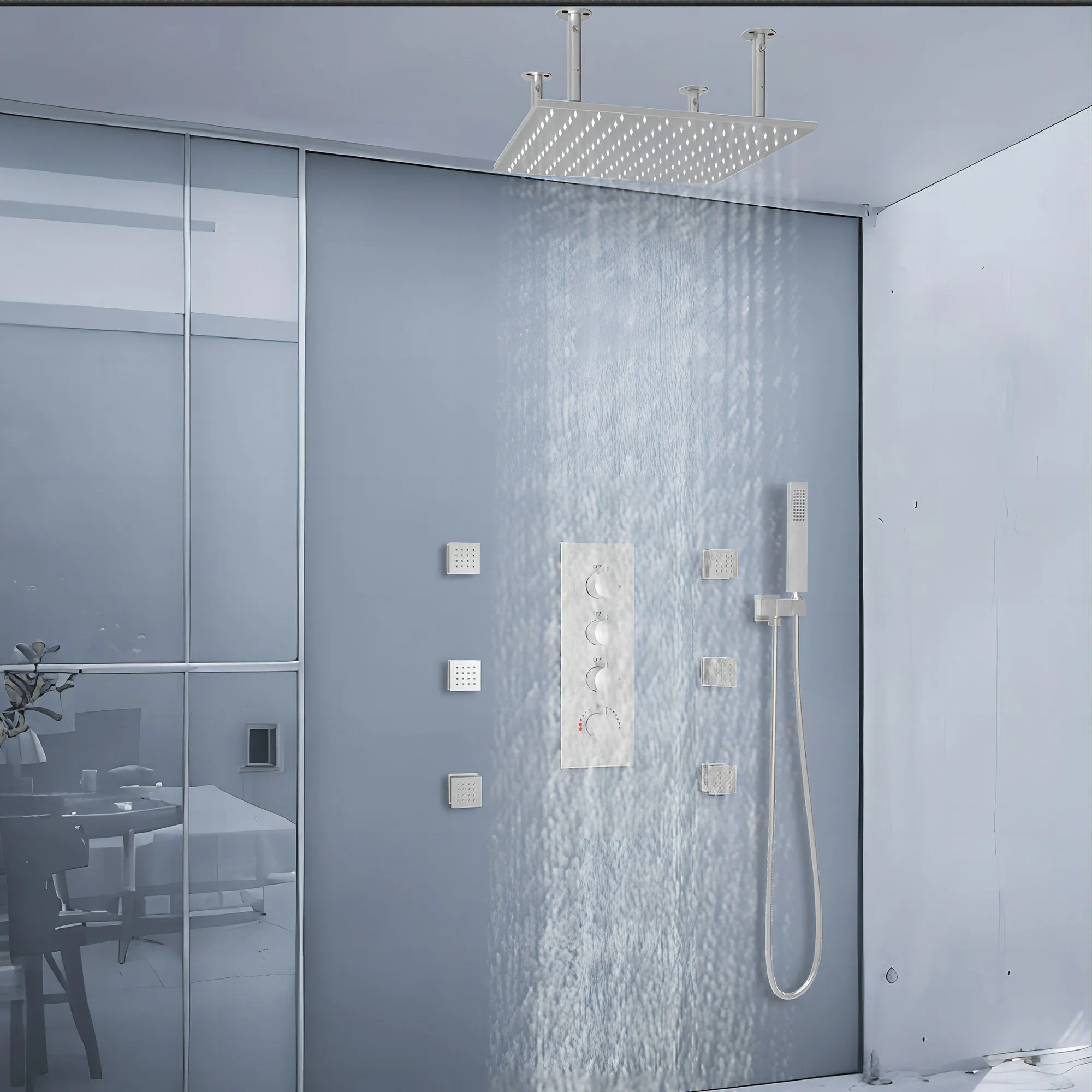 Ceiling Mount 16 Inch Rainfall Shower Head Thermostatic Shower Faucet with 6 Body Jets JK0102