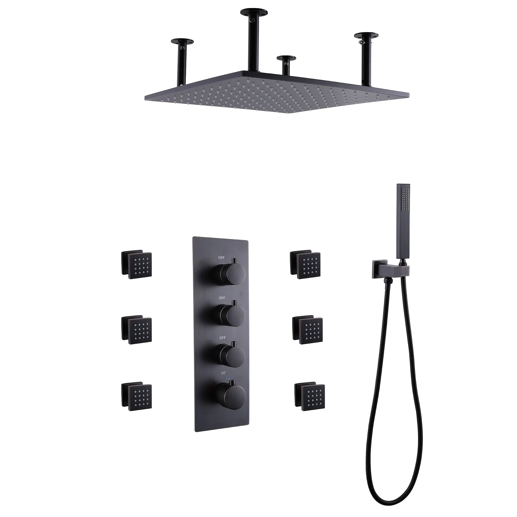 Ceiling Mount 16 Inch Rainfall Shower Head Thermostatic Shower Faucet with 6 Body Jets JK0102