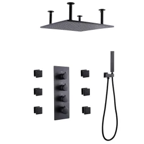 Ceiling Mount 16 Inch Rainfall Shower Head Thermostatic Shower Faucet with 6 Body Jets JK0102