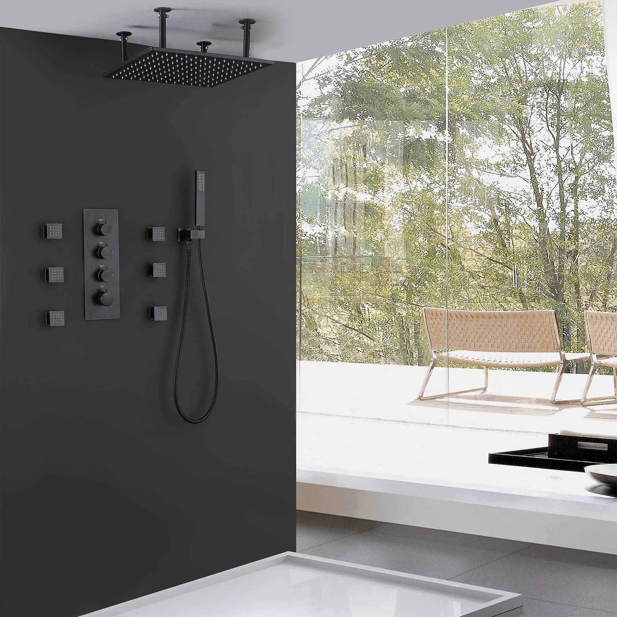 Ceiling Mount 16 Inch Rainfall Shower Head Thermostatic Shower Faucet with 6 Body Jets JK0102