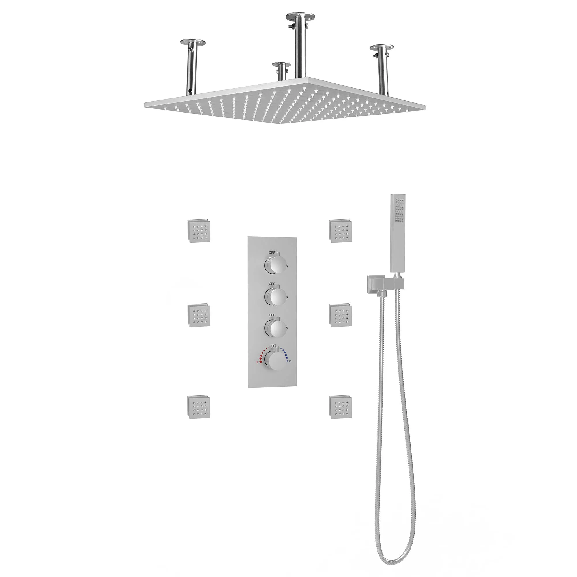 Ceiling Mount 16 Inch Rainfall Shower Head Thermostatic Shower Faucet with 6 Body Jets JK0102