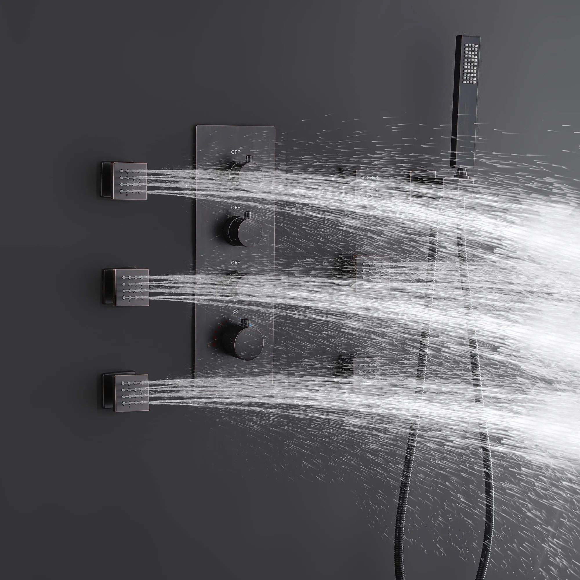 Ceiling Mount 16 Inch Rainfall Shower Head Thermostatic Shower Faucet with 6 Body Jets JK0102