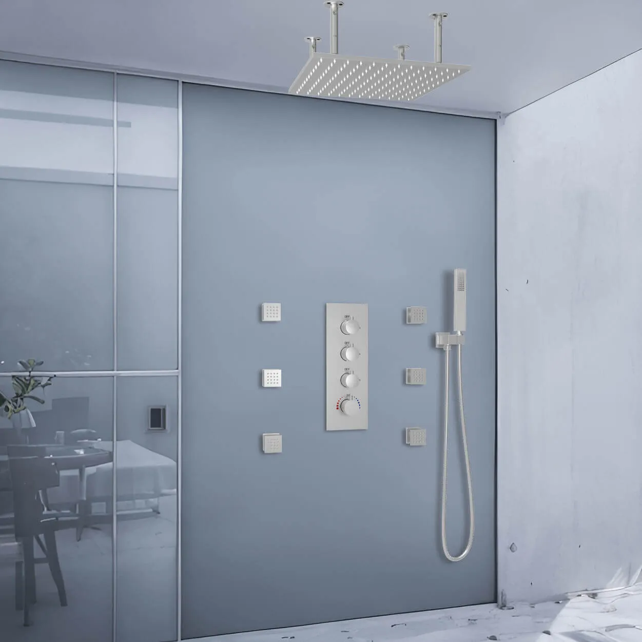 Ceiling Mount 16 Inch Rainfall Shower Head Thermostatic Shower Faucet with 6 Body Jets JK0102