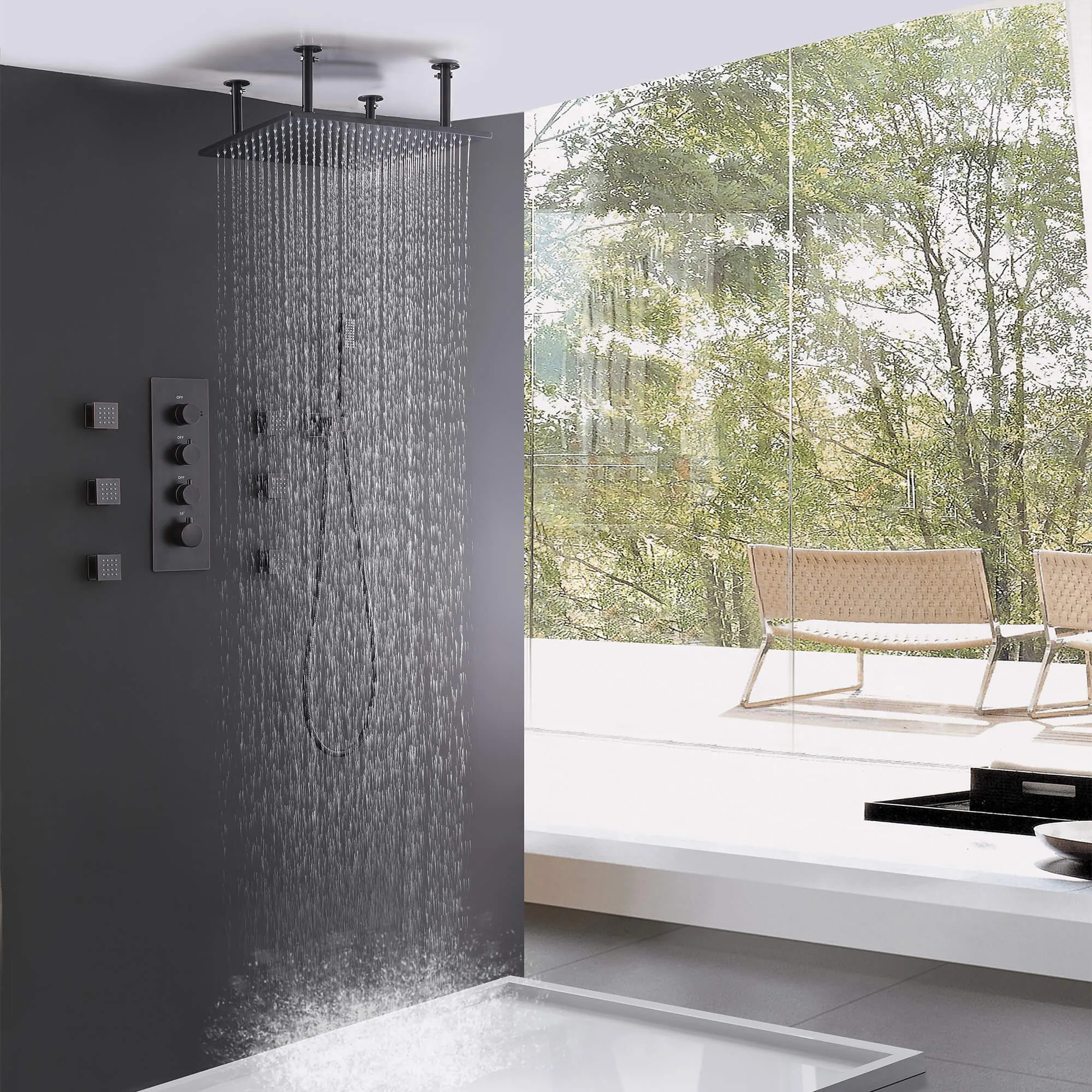 Ceiling Mount 16 Inch Rainfall Shower Head Thermostatic Shower Faucet with 6 Body Jets JK0102
