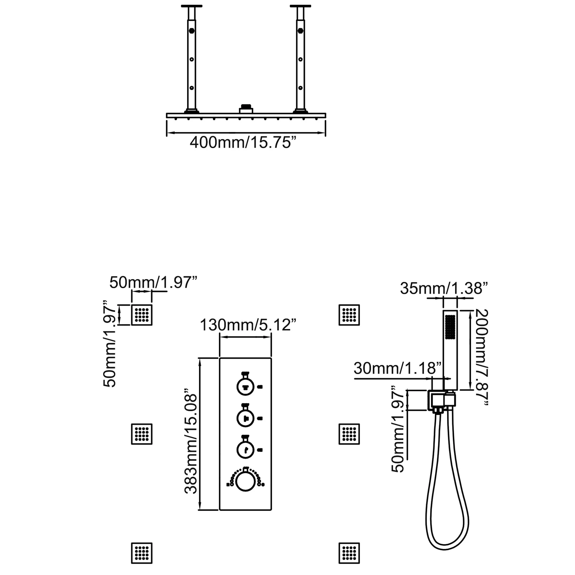 Ceiling Mount 16 Inch Rainfall Shower Head Thermostatic Shower Faucet with 6 Body Jets JK0102