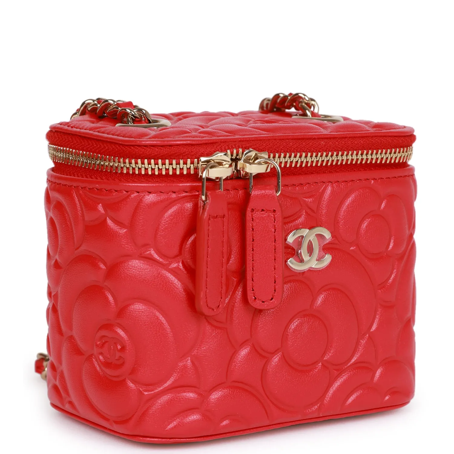 Chanel Camellia Mini Vanity Case Red Lambskin Light Gold Hardware