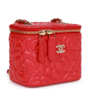 Chanel Camellia Mini Vanity Case Red Lambskin Light Gold Hardware