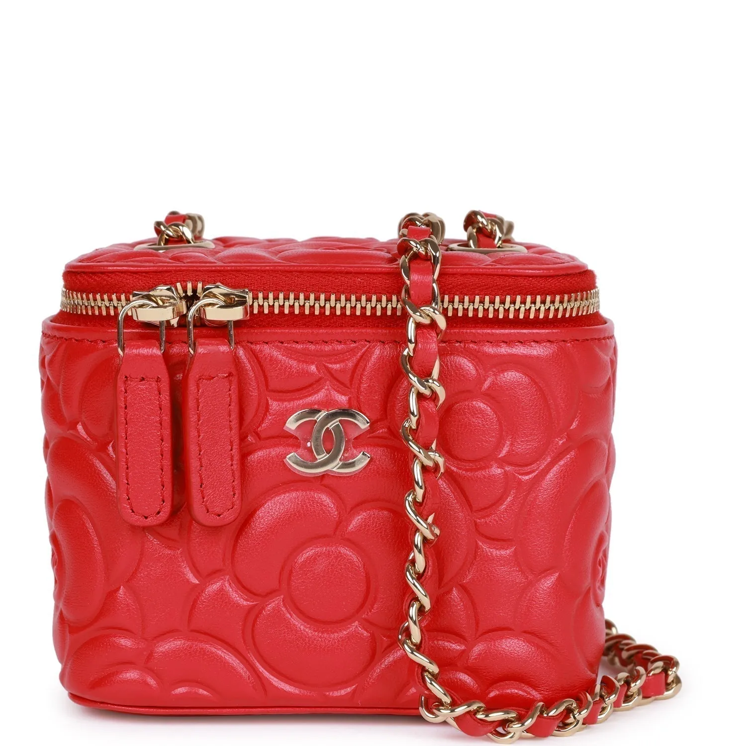 Chanel Camellia Mini Vanity Case Red Lambskin Light Gold Hardware