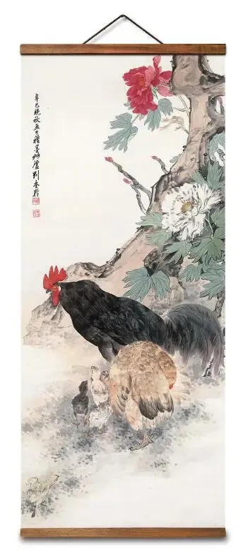 Chinese Style Animal Wood and Canvas Scroll