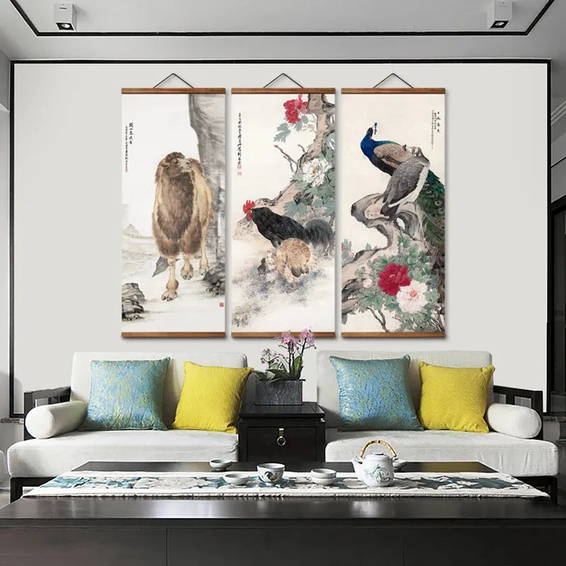 Chinese Style Animal Wood and Canvas Scroll