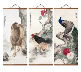 Chinese Style Animal Wood and Canvas Scroll