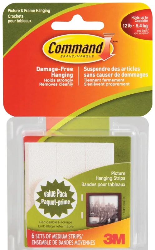 Command Medium Picture Hanging Strip, 3 lb, Foam, White