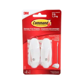 Command Wire Hook, 3 lb, 2-Hook, Plastic, White