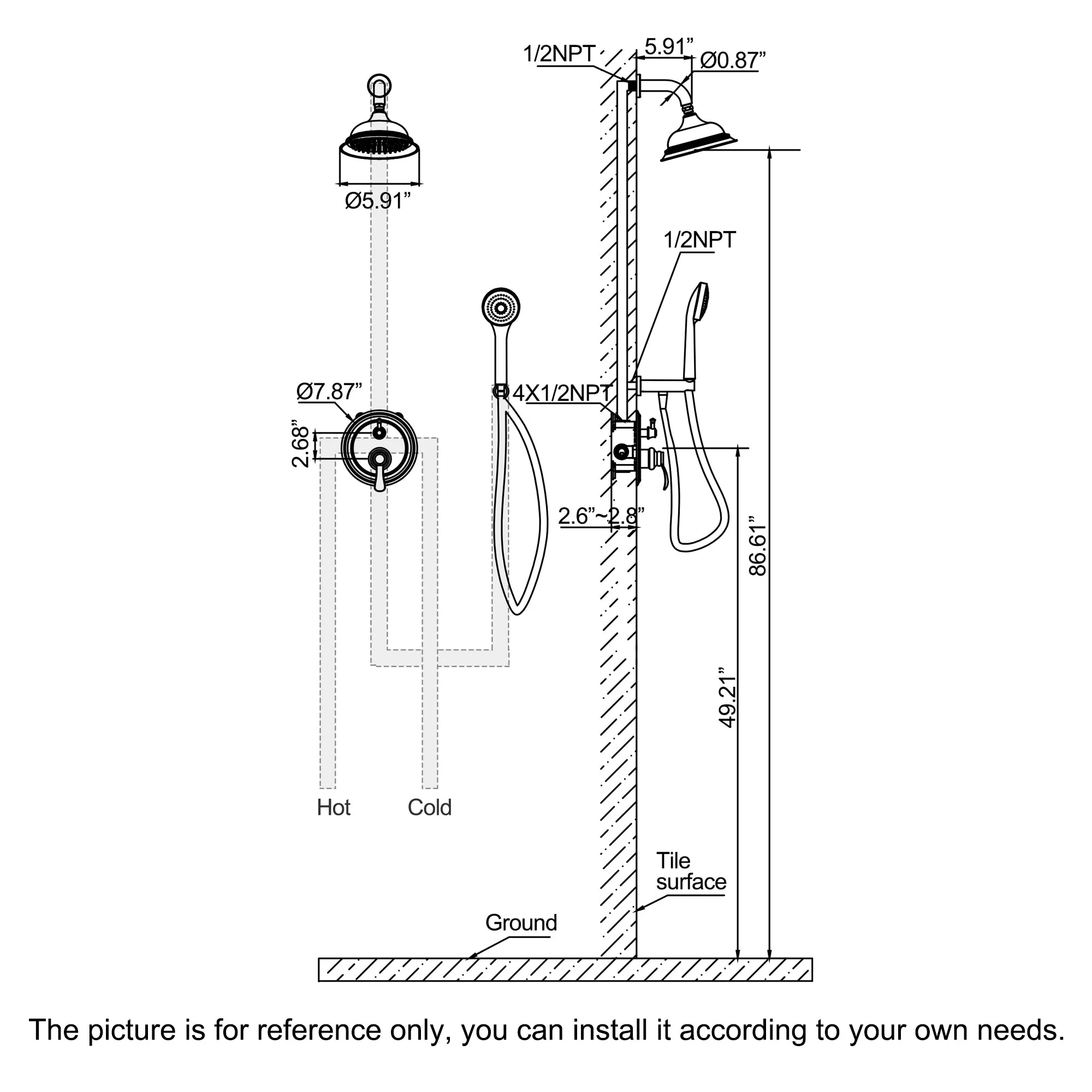 Complete Shower Faucet Set Wall Mount Shower System with Rough-In Valve RB1186