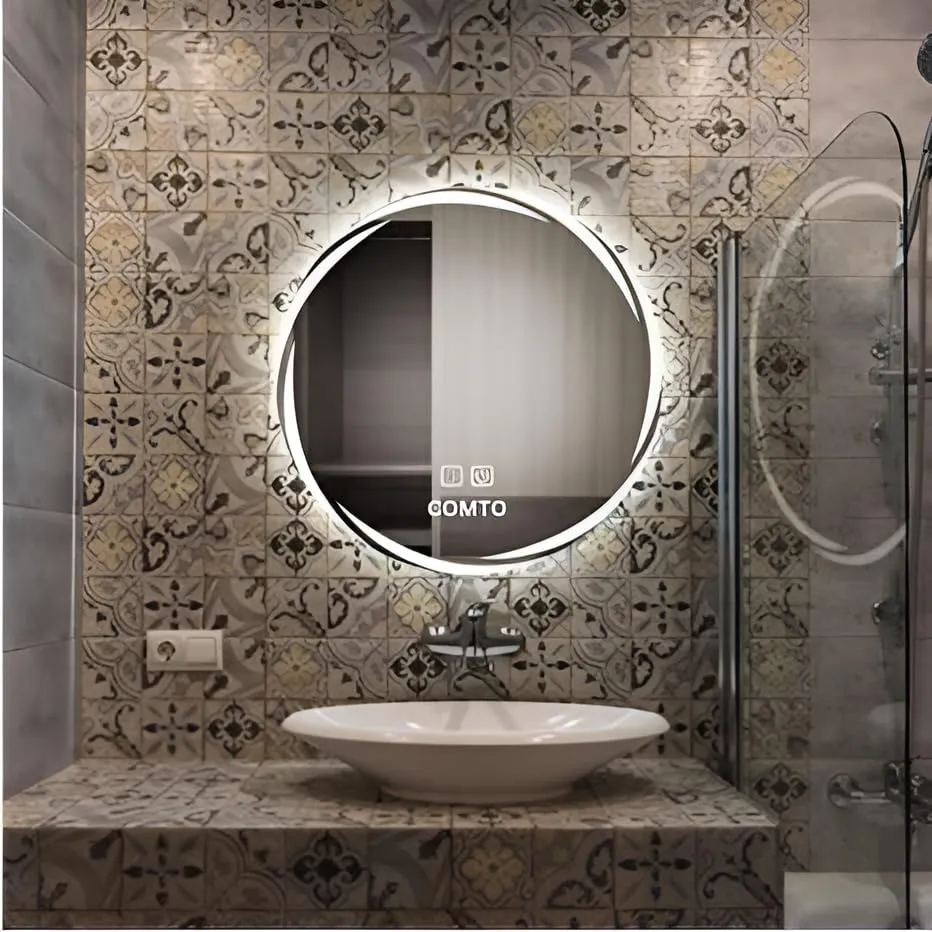 COMTO Round 28 Inch Bathroom Mirror, Wall Mounted, with Backlit LED Light Dimmable, Anti-Fog, Led Lighted with 3 Color Makeup Mirror (71 cm)