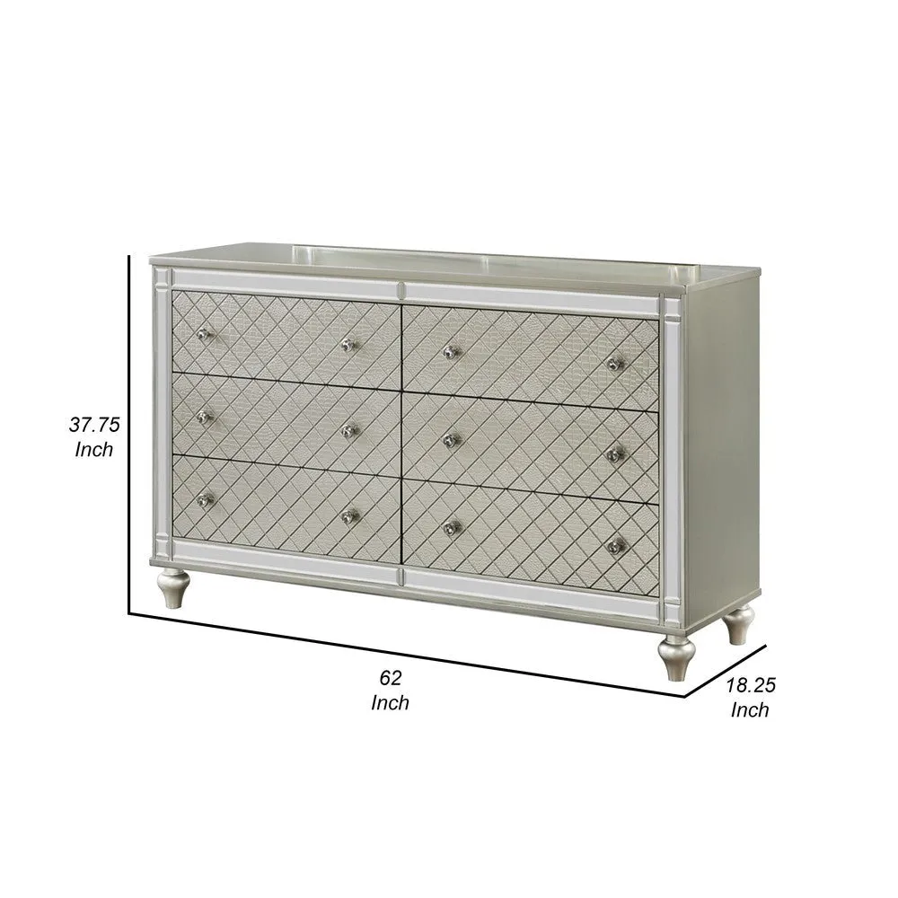 Cristo 62 Inch Wide Dresser with Mirror, 6 Drawers, Champagne Cross Pattern By Casagear Home