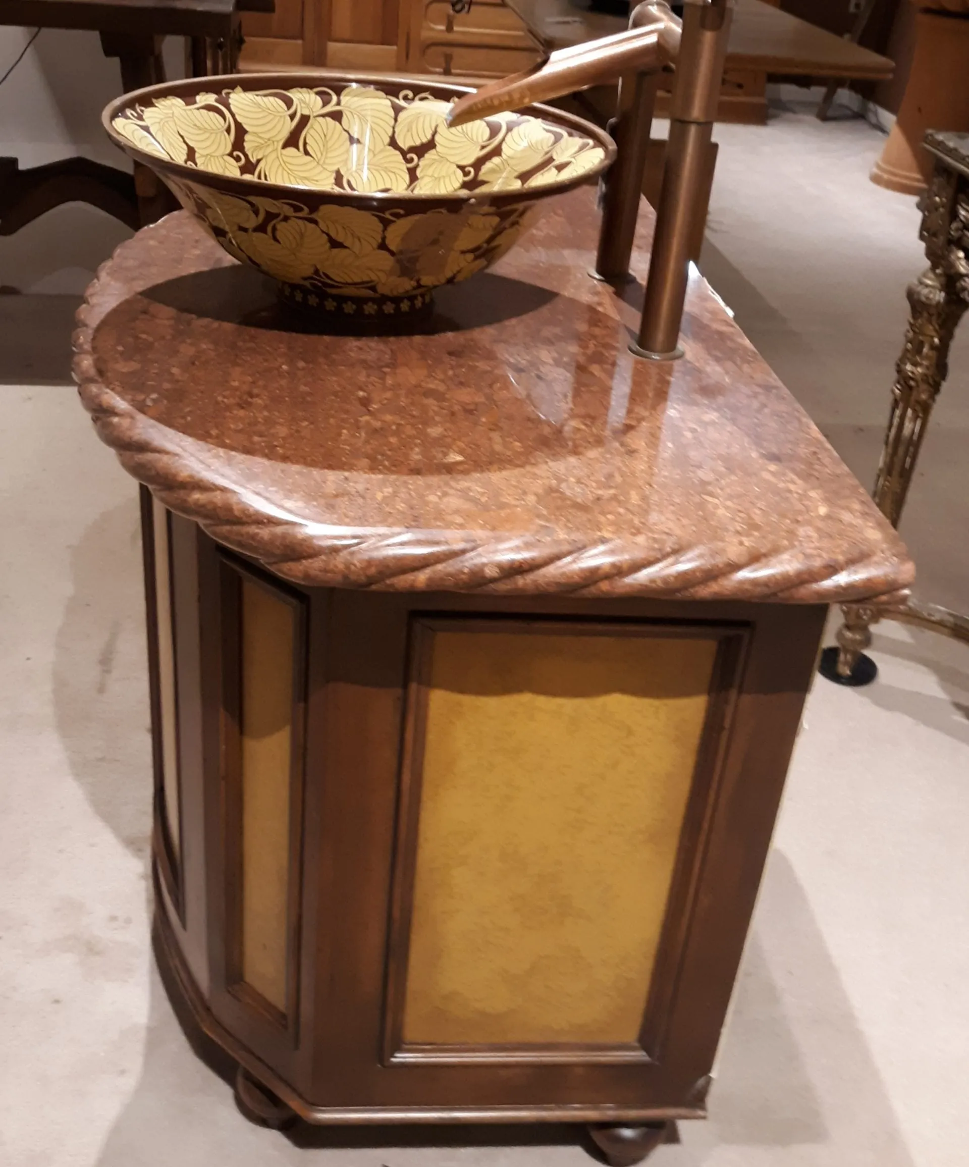 Custom Vanity, Granite Top, Yellow Floral Bowel, Copper Faucet