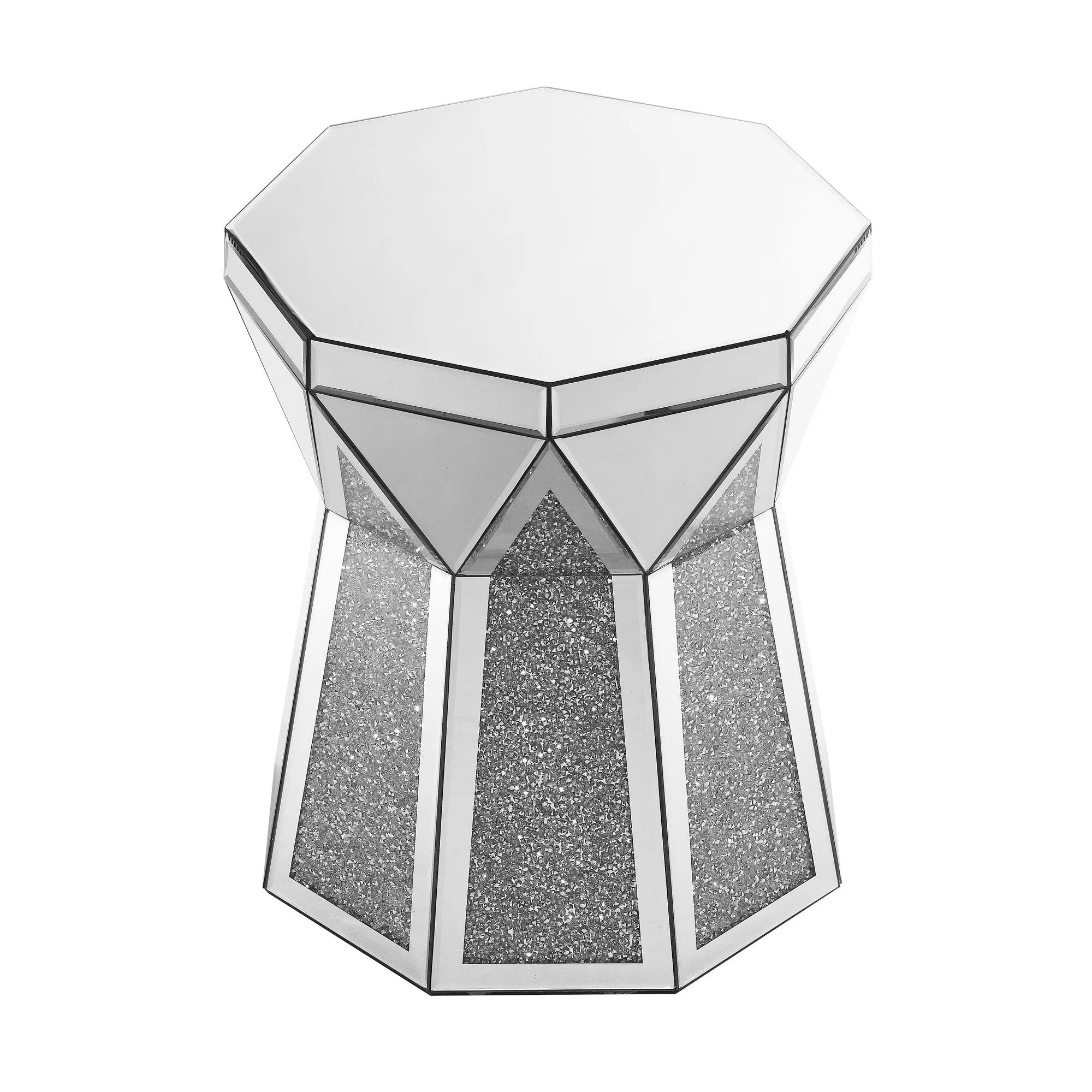 Drum Style Coffee Table with Mirror Crystal Inlay, Polygonal Silver Design, 20-Inch