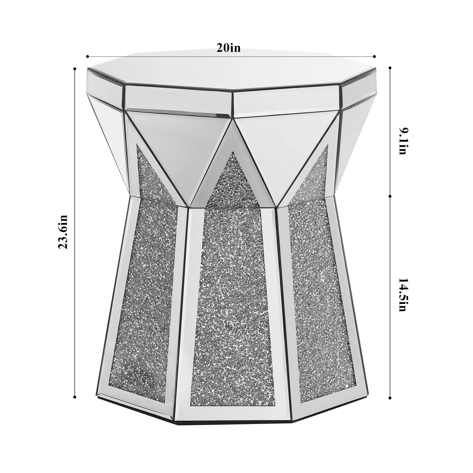 Drum Style Coffee Table with Mirror Crystal Inlay, Polygonal Silver Design, 20-Inch