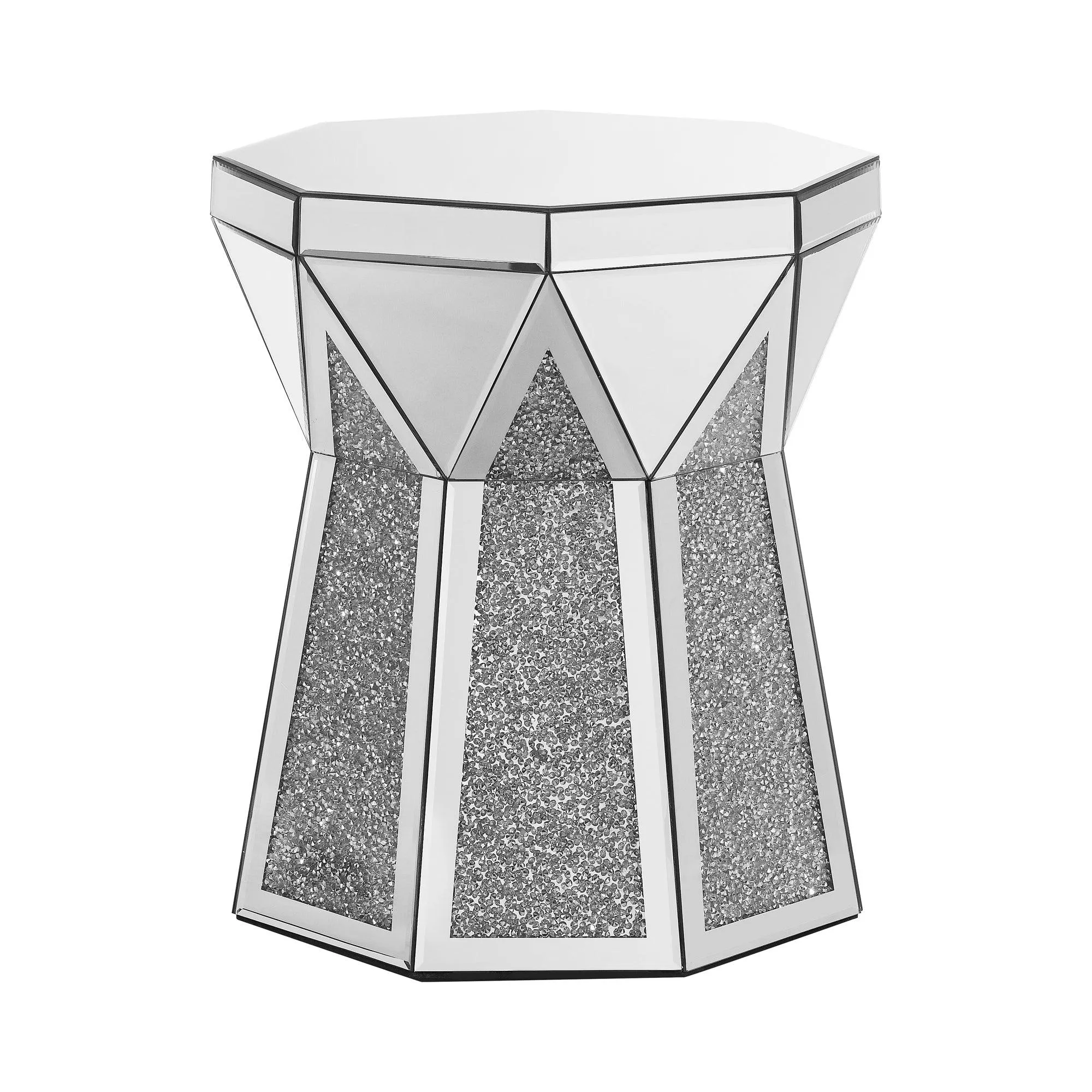 Drum Style Coffee Table with Mirror Crystal Inlay, Polygonal Silver Design, 20-Inch