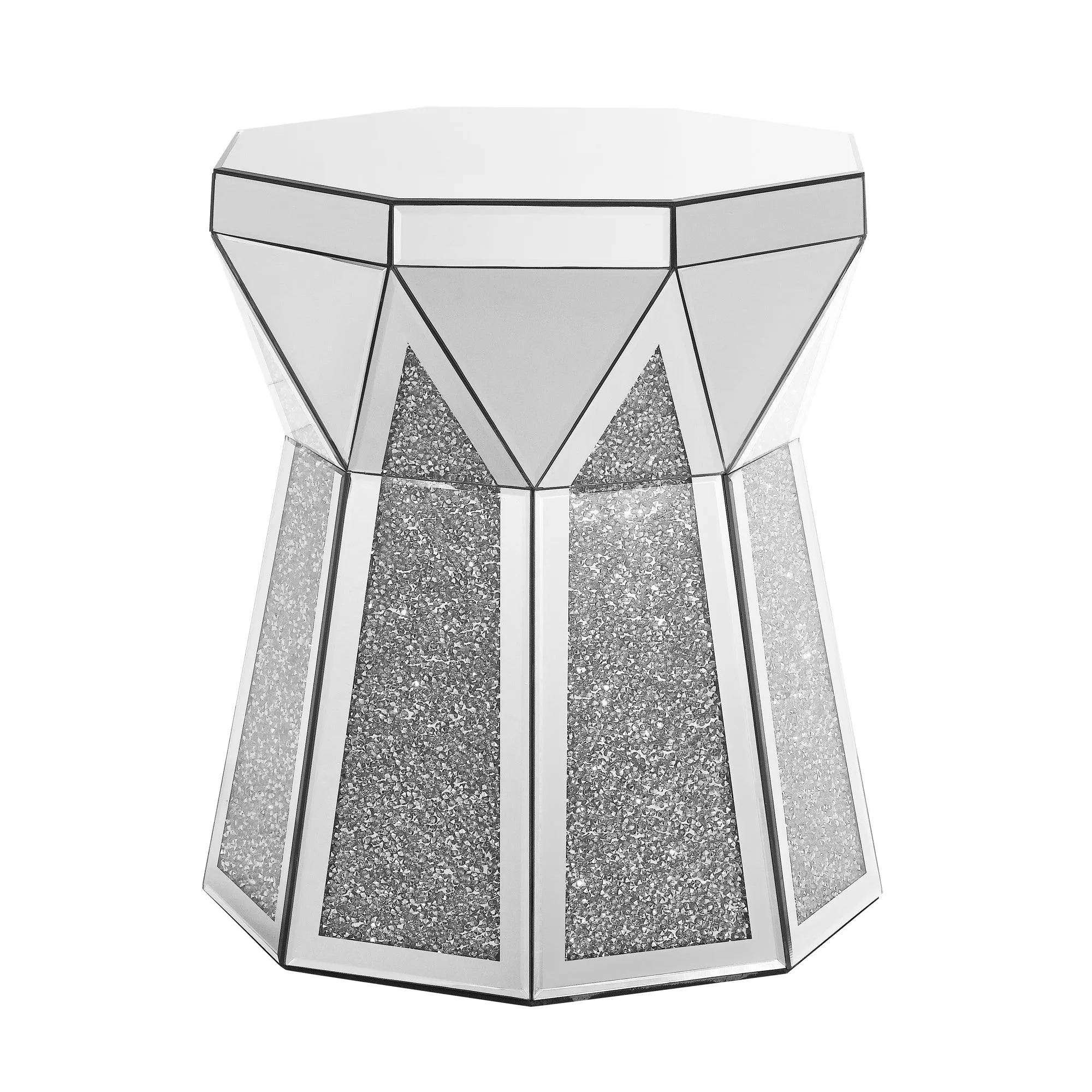 Drum Style Coffee Table with Mirror Crystal Inlay, Polygonal Silver Design, 20-Inch