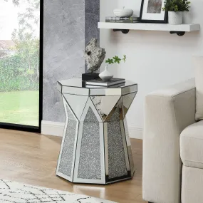 Drum Style Coffee Table with Mirror Crystal Inlay, Polygonal Silver Design, 20-Inch