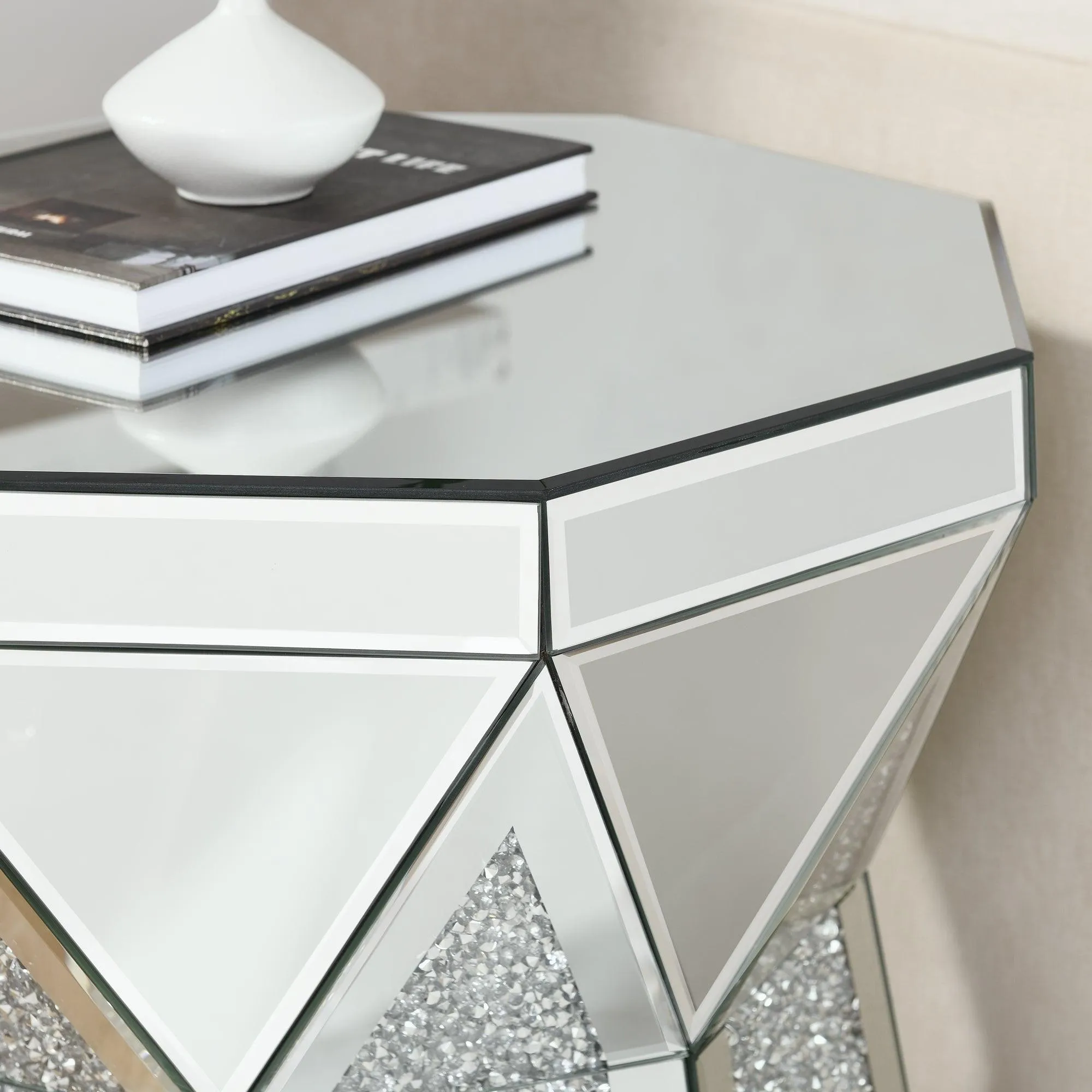 Drum Style Coffee Table with Mirror Crystal Inlay, Polygonal Silver Design, 20-Inch