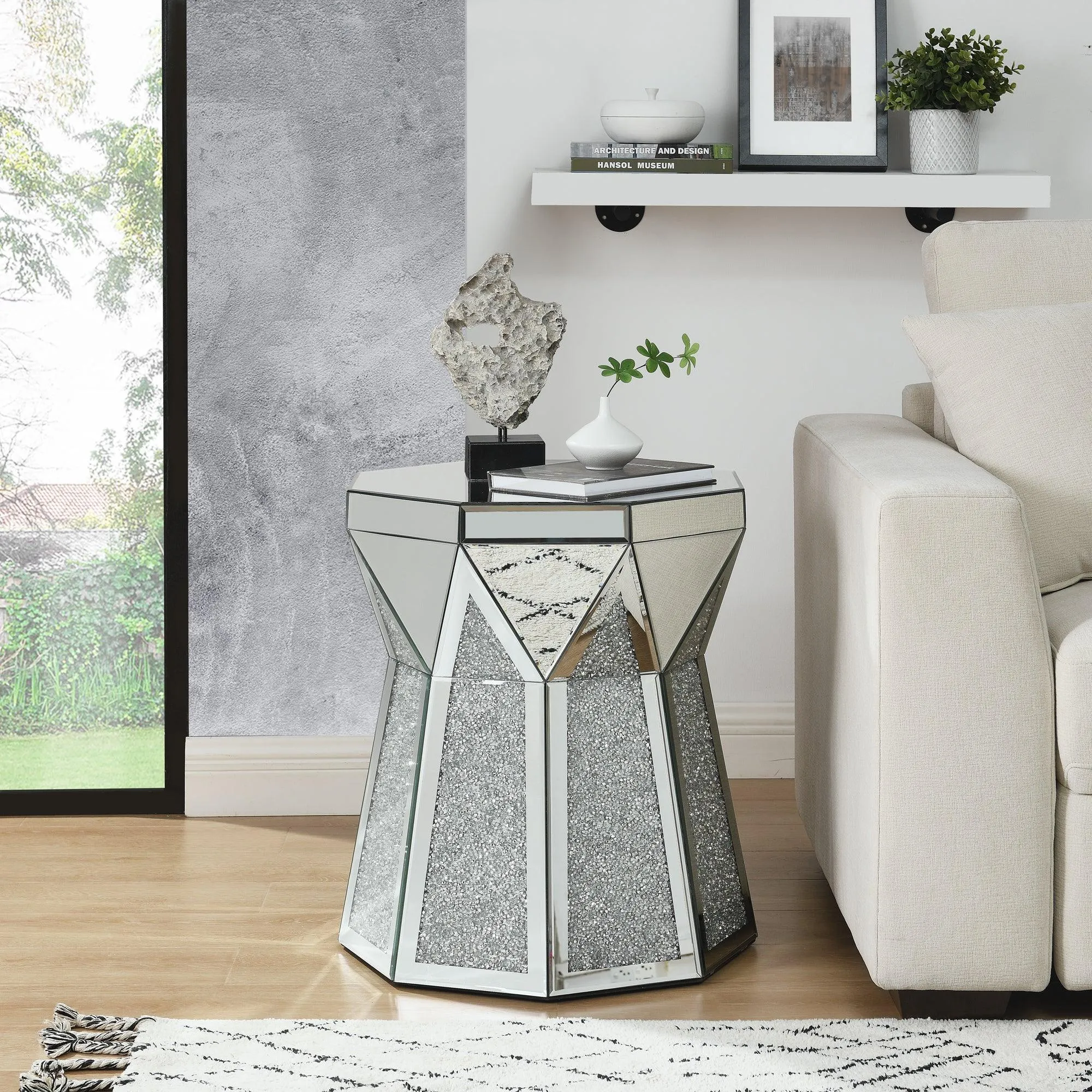 Drum Style Coffee Table with Mirror Crystal Inlay, Polygonal Silver Design, 20-Inch