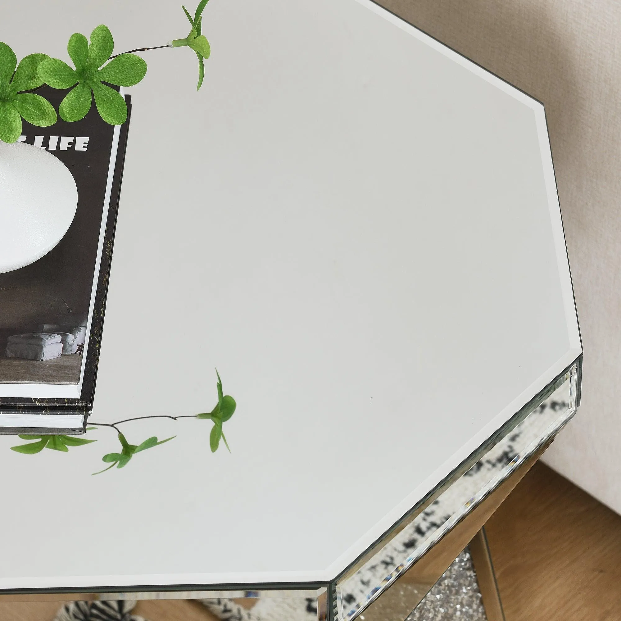 Drum Style Coffee Table with Mirror Crystal Inlay, Polygonal Silver Design, 20-Inch