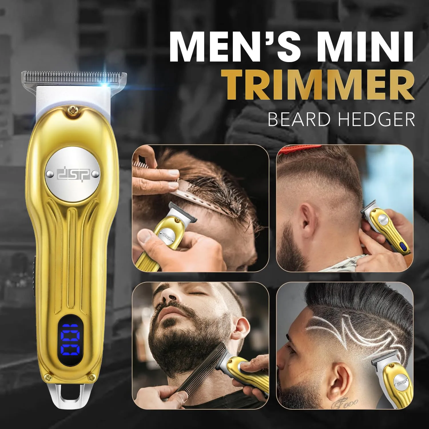 DSP Beard Trimmer for Men, Cordless Hair Clipper Shavers for Men, Facial Hair Trimmer for Beard & Mustache Trimming, Professional Haircut Kit for Men Rechargeable LED Display (Gold)
