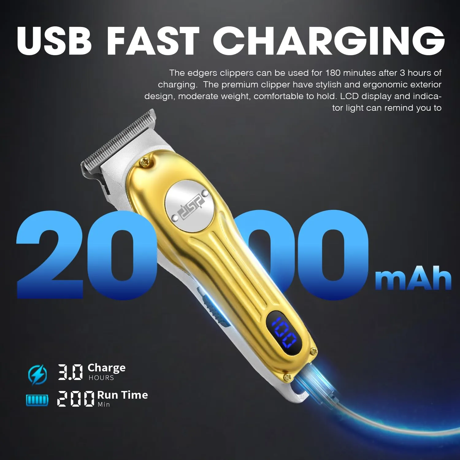 DSP Beard Trimmer for Men, Cordless Hair Clipper Shavers for Men, Facial Hair Trimmer for Beard & Mustache Trimming, Professional Haircut Kit for Men Rechargeable LED Display (Gold)