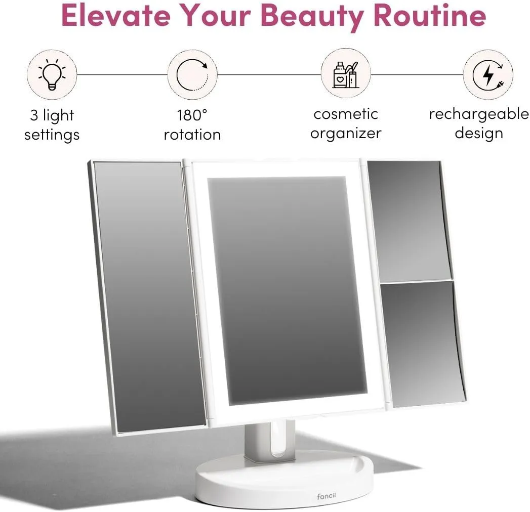 Fancii LED Lighted Makeup Mirror, Rechargeable Vanity Trifold Mirror with 5X & 10x Magnifications - 68 Dimmable Natural Lights, Touch Screen, Best Adjustable Make Up Mirror with Cosmetic Stand