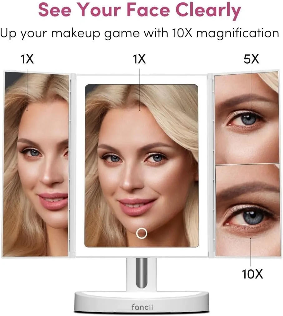 Fancii LED Lighted Makeup Mirror, Rechargeable Vanity Trifold Mirror with 5X & 10x Magnifications - 68 Dimmable Natural Lights, Touch Screen, Best Adjustable Make Up Mirror with Cosmetic Stand