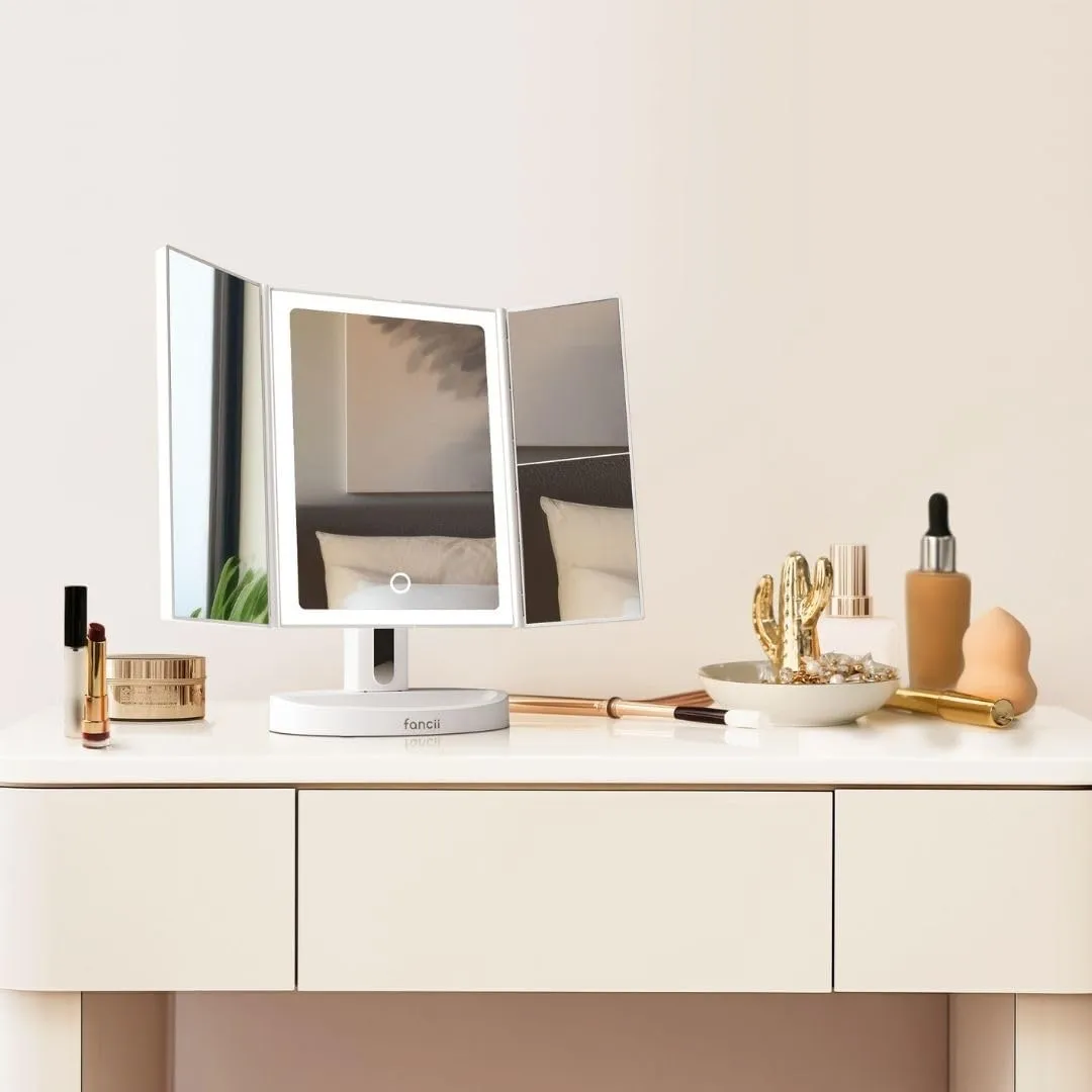 Fancii LED Lighted Makeup Mirror, Rechargeable Vanity Trifold Mirror with 5X & 10x Magnifications - 68 Dimmable Natural Lights, Touch Screen, Best Adjustable Make Up Mirror with Cosmetic Stand