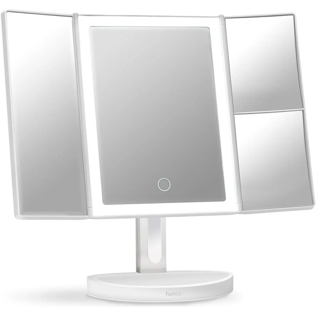 Fancii LED Lighted Makeup Mirror, Rechargeable Vanity Trifold Mirror with 5X & 10x Magnifications - 68 Dimmable Natural Lights, Touch Screen, Best Adjustable Make Up Mirror with Cosmetic Stand