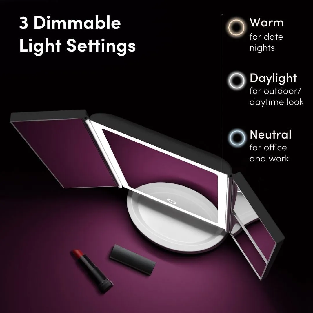 Fancii LED Lighted Makeup Mirror, Rechargeable Vanity Trifold Mirror with 5X & 10x Magnifications - 68 Dimmable Natural Lights, Touch Screen, Best Adjustable Make Up Mirror with Cosmetic Stand