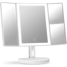 Fancii LED Lighted Makeup Mirror, Rechargeable Vanity Trifold Mirror with 5X & 10x Magnifications - 68 Dimmable Natural Lights, Touch Screen, Best Adjustable Make Up Mirror with Cosmetic Stand