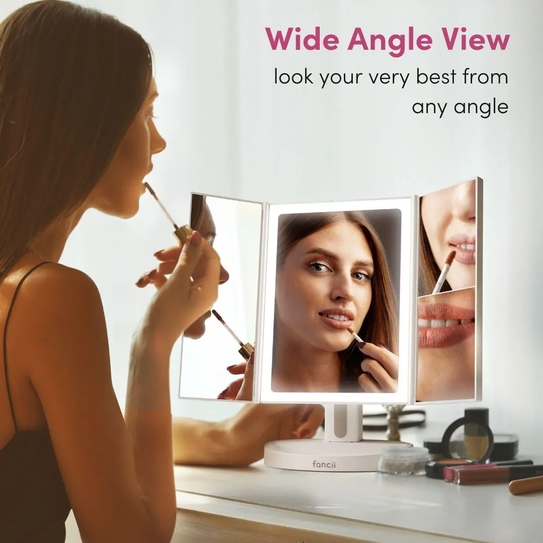 Fancii LED Lighted Makeup Mirror, Rechargeable Vanity Trifold Mirror with 5X & 10x Magnifications - 68 Dimmable Natural Lights, Touch Screen, Best Adjustable Make Up Mirror with Cosmetic Stand
