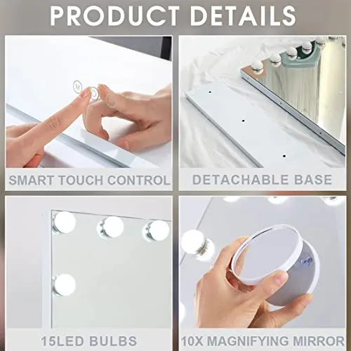 FENCHILIN Vanity Mirror with Lights, Hollywood Lighted Makeup Mirror with 15 Dimmable LED Bulbs for Dressing Room & Bedroom, Tabletop or Wall-Mounted, Slim Metal Frame Design, White