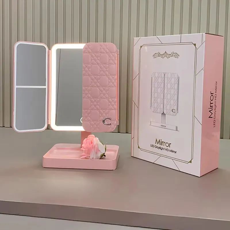 Illuminate Your Beauty: Tri-Fold LED Makeup Mirror with 3 Tone Lights and Magnification