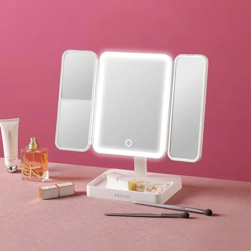 Illuminate Your Beauty: Tri-Fold LED Makeup Mirror with 3 Tone Lights and Magnification