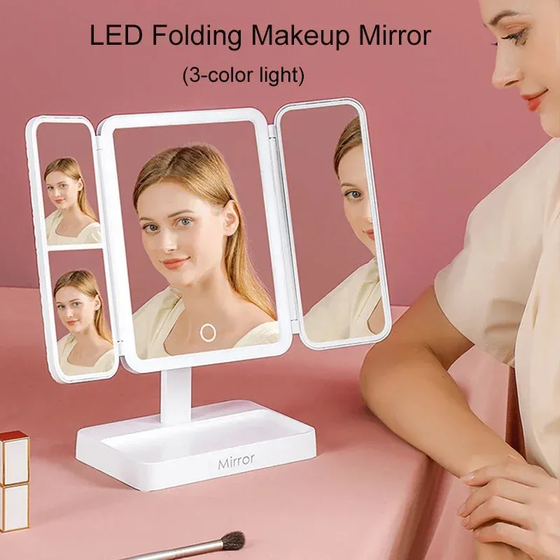Illuminate Your Beauty: Tri-Fold LED Makeup Mirror with 3 Tone Lights and Magnification