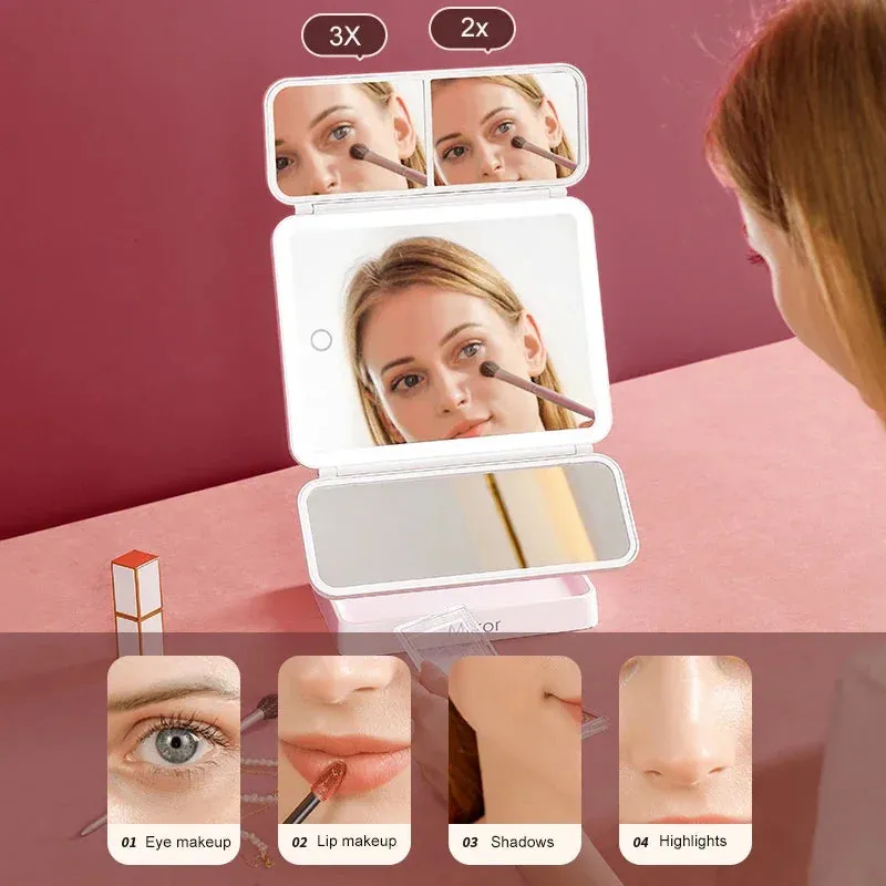 Illuminate Your Beauty: Tri-Fold LED Makeup Mirror with 3 Tone Lights and Magnification