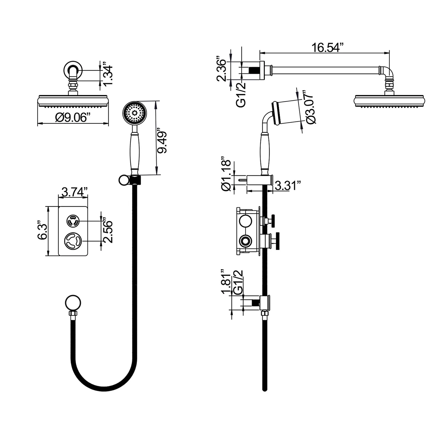 Industrial Style Wall Mount Shower System 2-function Matte Black RB1147