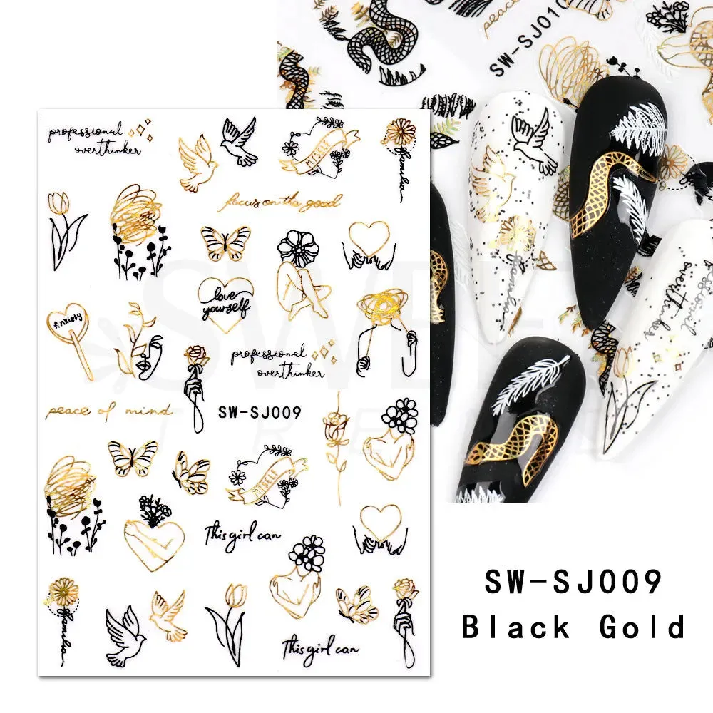 Joskaa Metallic Silver Line Nail Manicure Stickers Metal Chrome Stripe Vine Flame Adhesive Decals Tape Swirl French Sliders Decor Foils